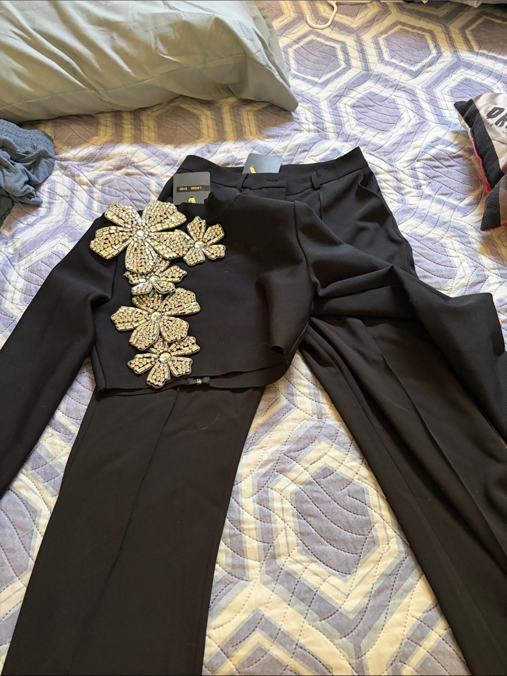 Embellished Black Women's Jumpsuit with Crystal Floral Appliqué